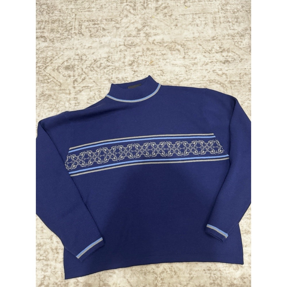 Vintage 90s Demetre Womens L Navy Blue Mock Neck Geometric Ski Sweater